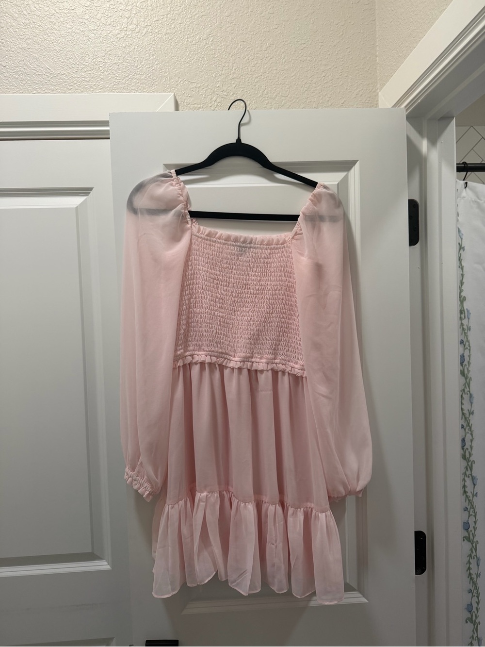 1. State Light Pink Smocked Mini Dress with Sheer Long Sleeves